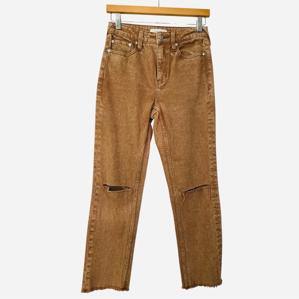 Cleo + Wolf Distressed Raw Hem Straight Leg Toasted Caramel Tan Jeans 25